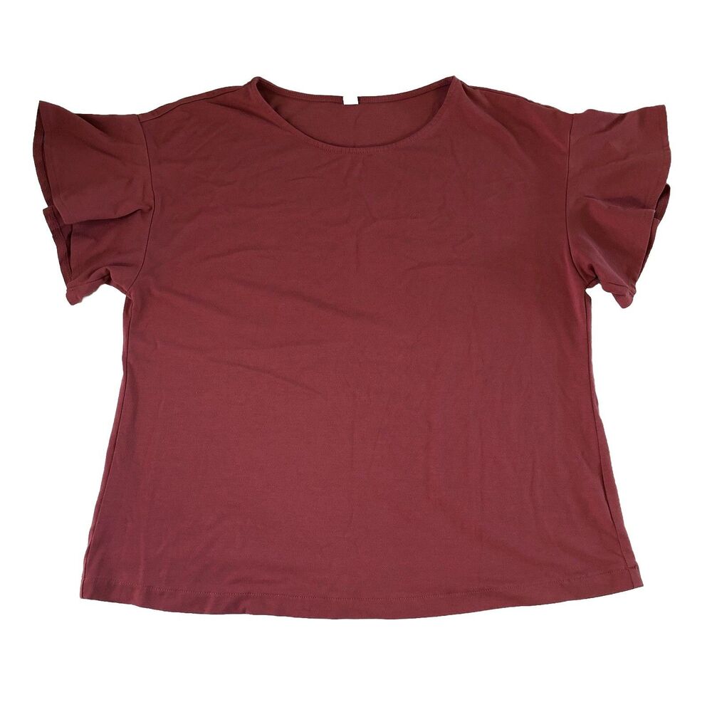 UNIQLO Women's Medium M Ruffle Sleeve T-Shirt Plum Purple Crew Neck Flutter Top